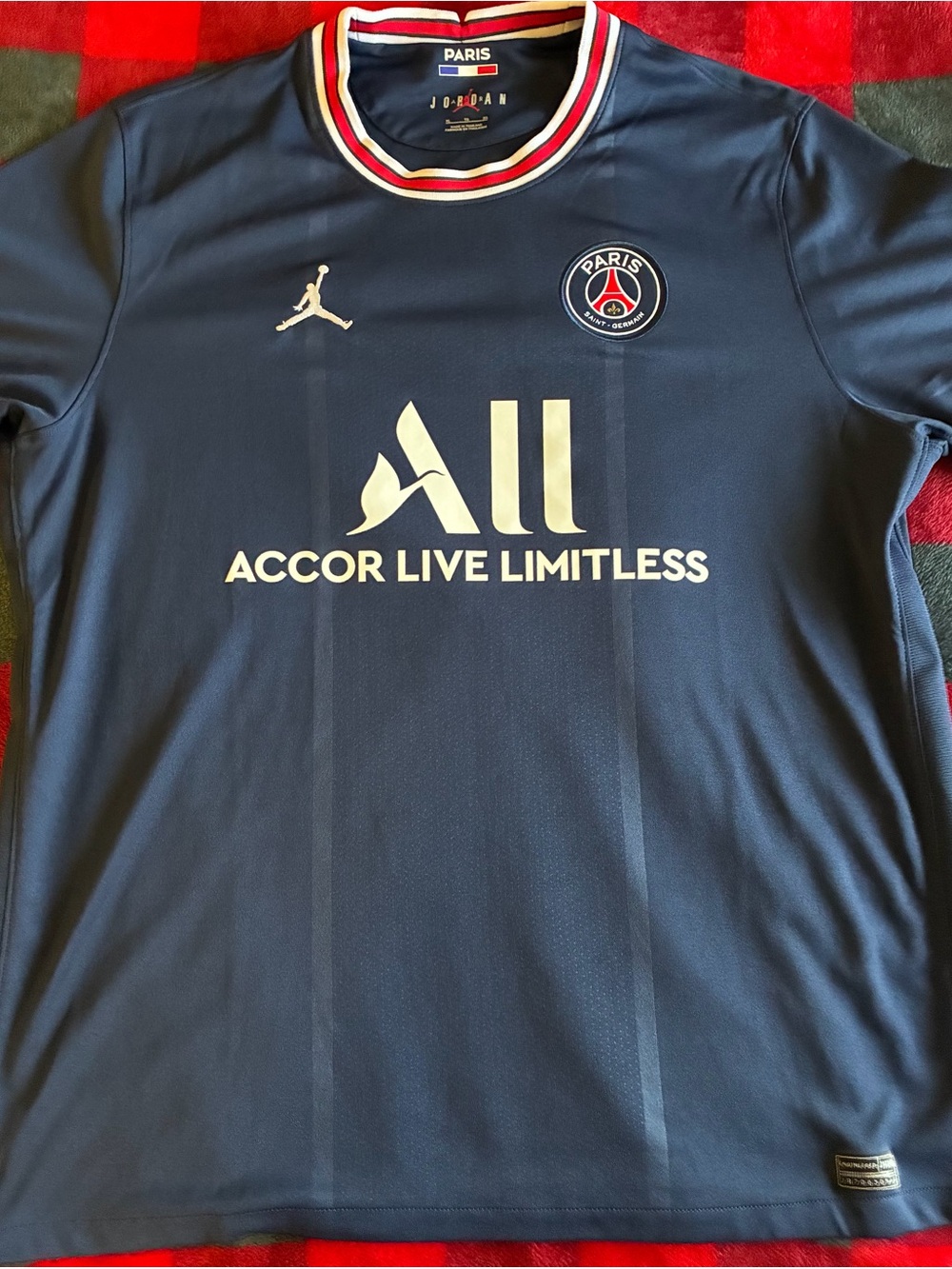 Jordan Navy PSG Home Jersey with White Logos and Red Trim